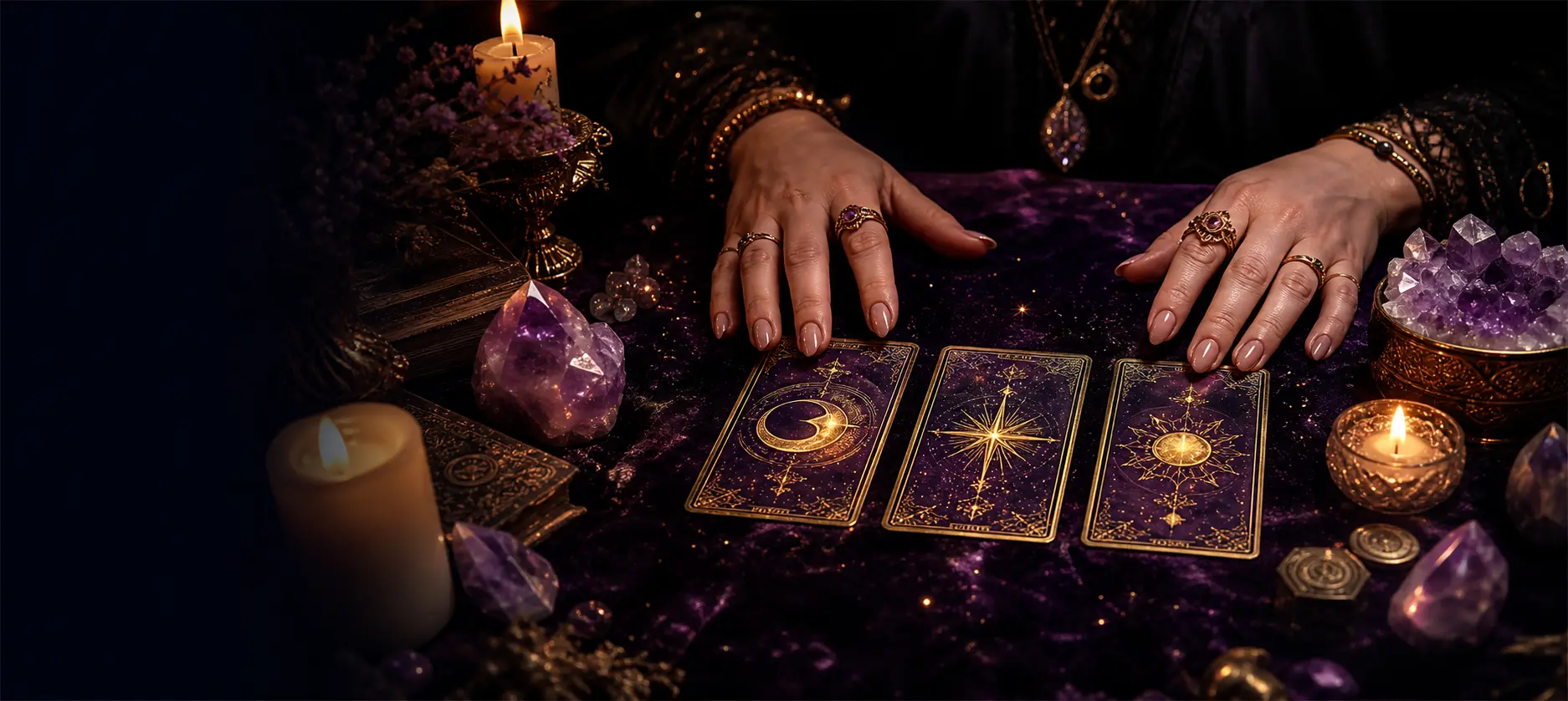 Mesa mística con tres cartas de tarot, velas y cristales